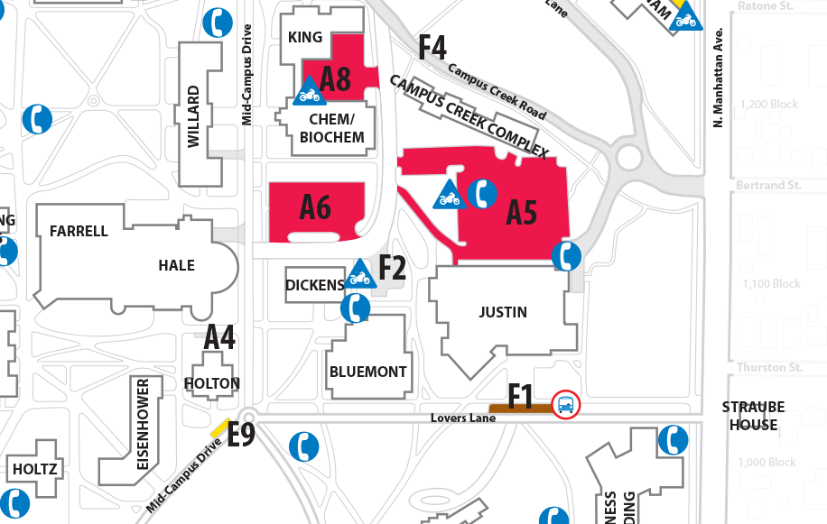 Map of campus parking with two lots east of Hale Library.