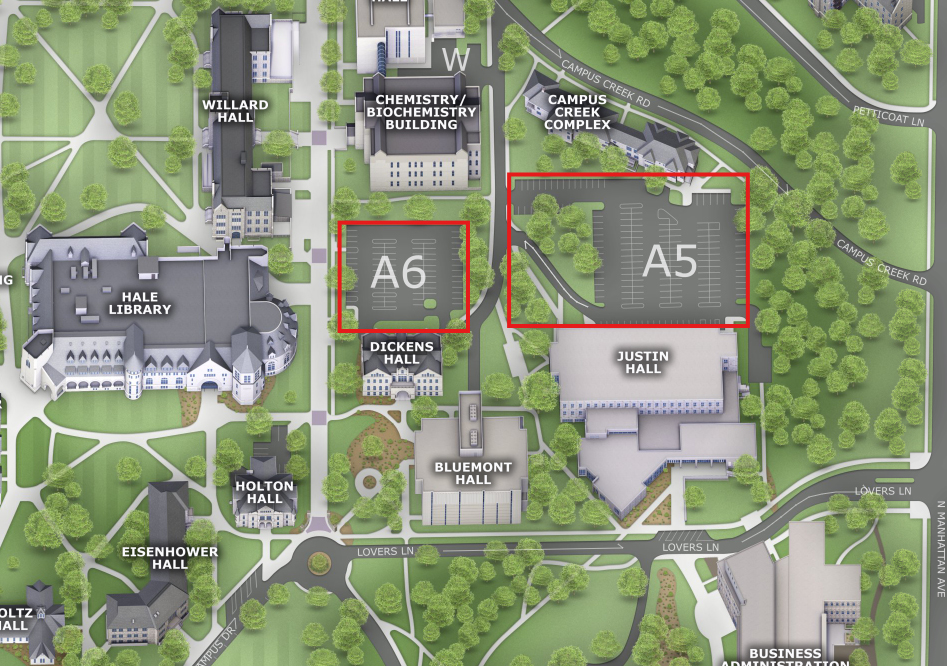 Map of campus showing two parking lots to the east of Hale Library.