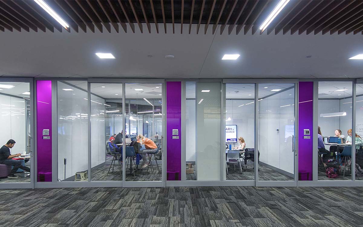 Glassed rooms available for students to reserve.