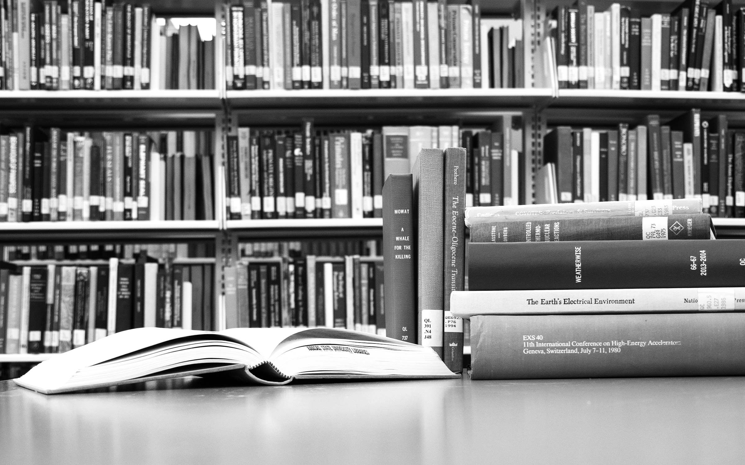 Library books stacked on a table with one laid open. Shelves of books in background.