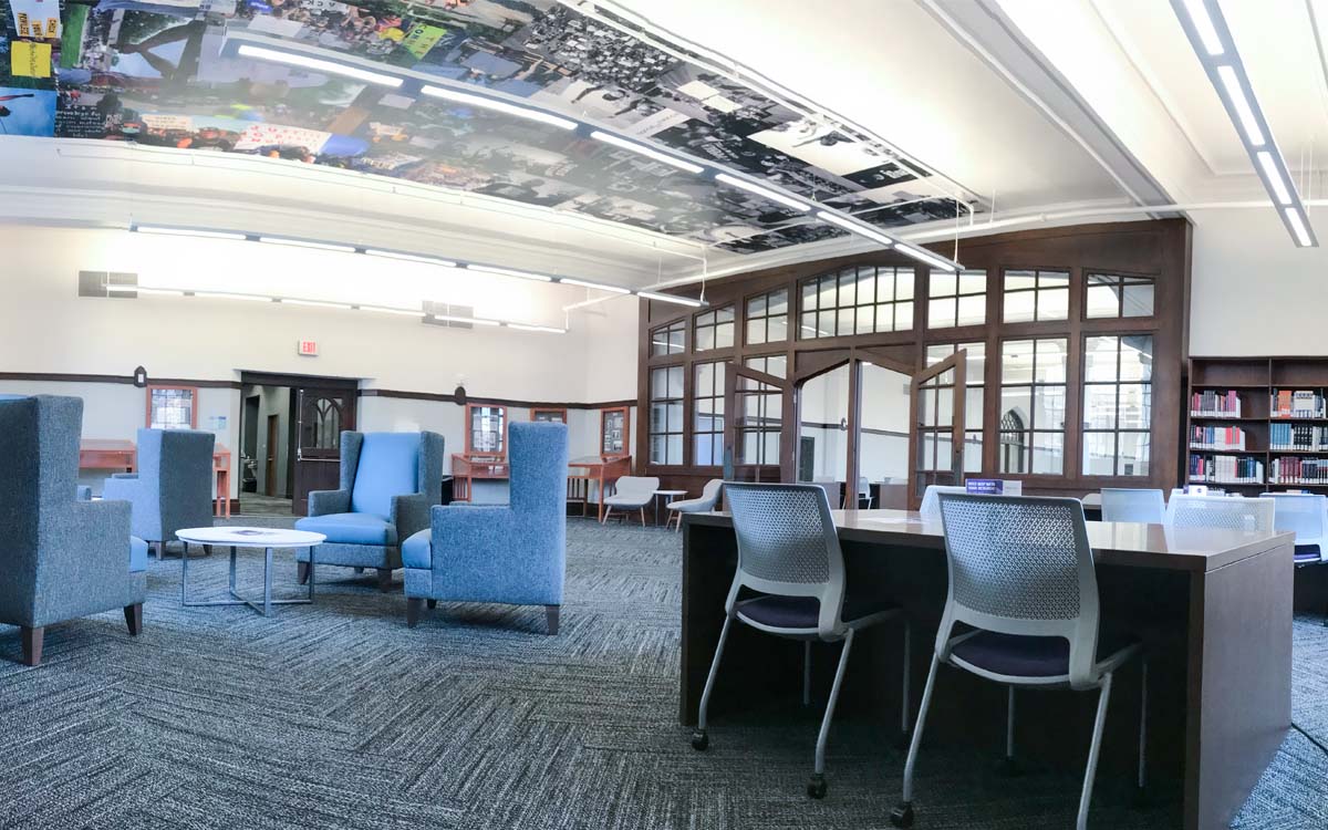 Seating and tables available in the Dow Center.