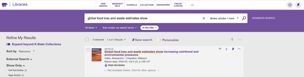 The "Expand beyond K-State Collections" option is located in the left menu of the Search It results page.