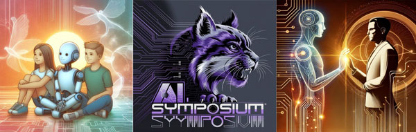 Three images: Two children sitting with a robot; a purple wildcat with the words 'AI Symposium'; a man and a robot standing and touching palms